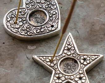 Embossed Hand Made Metal Star, Heart Incense Stick Cone Holder