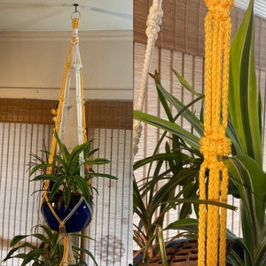Macramé Plant Hanger: White & Yellow Boho Fiber Art, 4 ft
