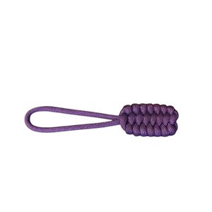 May include: A purple paracord zipper pull with a braided rectangular knot and a loop. The pull is a solid, deep purple color, and the braided knot is tightly woven.
