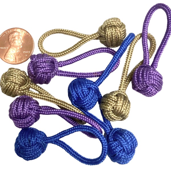 3 Micro) Monkey fist Paracord Zipper pulls, volleyball zipper pull,  miniature monkey fist, mini jacket zipper pull