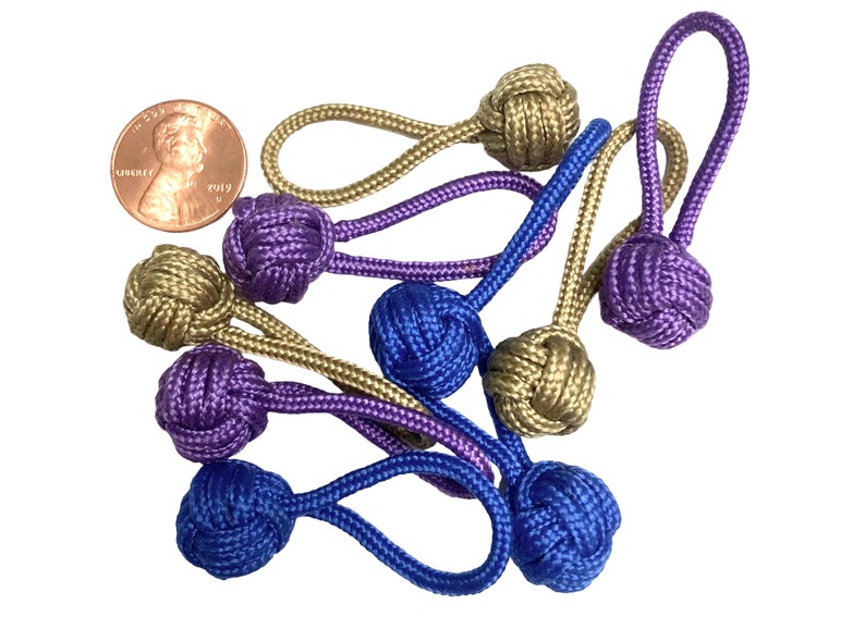 3 Micro Monkey fist Paracord Zipper pulls, volleyball zipper pull, miniature monkey fist, mini jacket zipper pull image 1