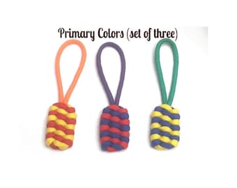 ParaCord Zipper Pulls, Trilobite Knot, bright luggage spotter, Primary Colors (Set of 3)