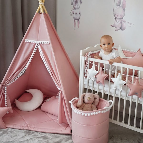 Ensemble de tipi rose sépia, zone de jeu intérieure, ensemble de tipi, tipi pour enfants, vigvam, Playtent, tente tipi, Tipi zelt, tipi avec pompons