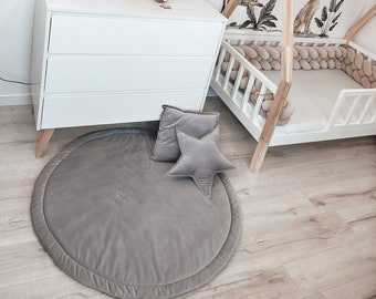 Tapis de sol rond en velours, tapis de jeu, matelas à langer, tapis rembourré, tapis de sol tipi, tapis rond, couverture pour bébé, cadeau de baby shower - Gris nuage