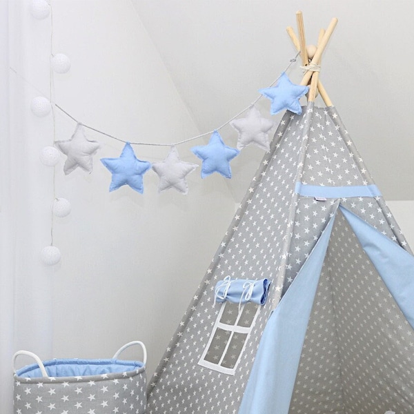 Garland stars, Girl's Room Decor, Party decoration, Nursery Stars, Decorative stars, Grey blue stars, Fabric Bunting- baby shower