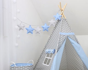 Garland stars, Girl's Room Decor, Party decoration, Nursery Stars, Decorative stars, Grey blue stars, Fabric Bunting- baby shower