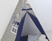 Teepee for kids, Teepee with pillows, Kids Teepee, Indian Teepee, Tipi kids, Childrens Teepee, Teepee tent, Tipi zelt, gray navy blue