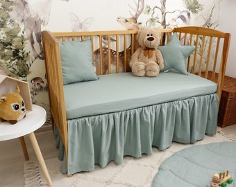 Drap pour lit bébé et jupe de lit de bébé en coton sauge, accessoires de lit de bébé, jupe de lit de bébé pour décoration de chambre de bébé, vie bohème, literie pour bébé