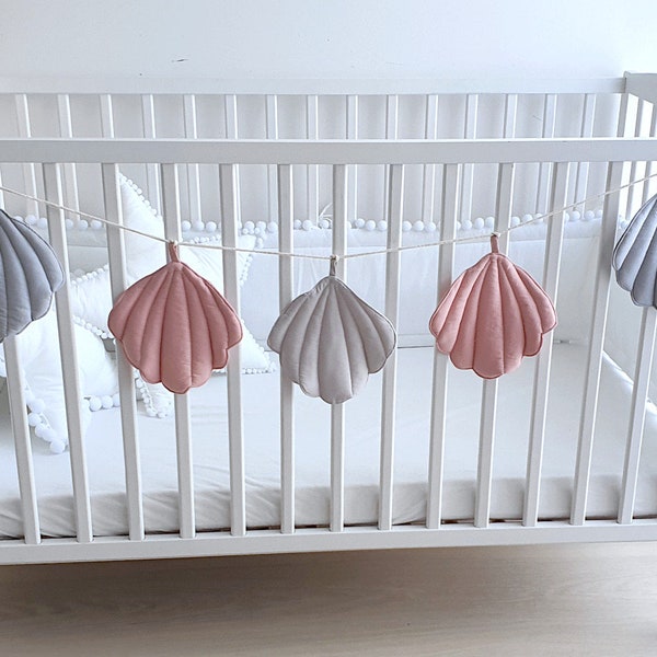 Nursery seashells, Seashell Garland, Girl's Room Decor, Party decoration, Decorative seashells, Grey seashells, Fabric Bunting- baby shower