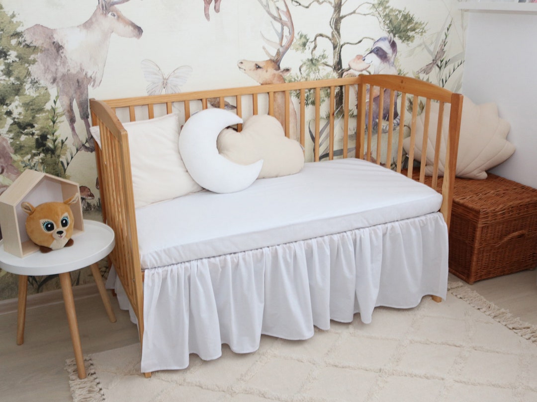 White Cotton Crib Skirt, Ruffled Cot Skirt, Crib Skirt for Baby Room