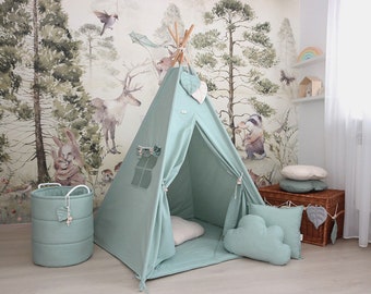 Childrens teepee, Sage Teepee tent for babies, montessori tent, Kids playhouse, Tipi, tipizelt, sage-colored teepee, 100x100cm base tipi