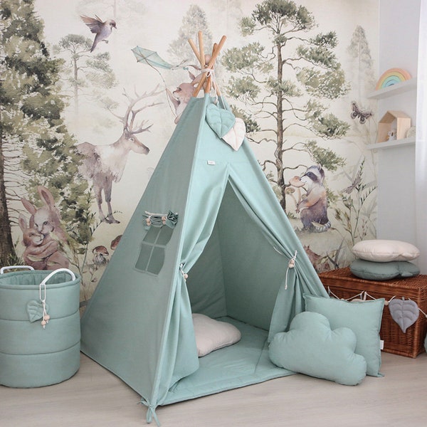 Childrens teepee, Sage Teepee tent for babies, montessori tent, Kids playhouse, Tipi, tipizelt, sage-colored teepee, 100x100cm base tipi