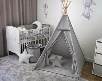 Tipi pour enfants, intérieur confortable, décor de pépinière, tente montessori, espace de jeu spacieux, maison de jeu pour enfants, Tipizelt, wigwam, tente indienne grise