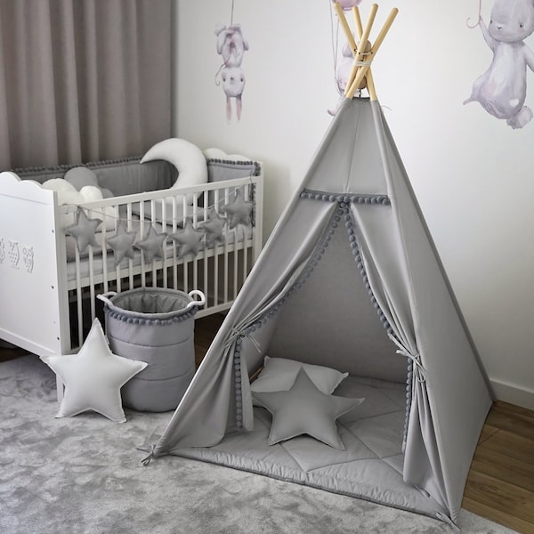 Childrens Teepee, Cosy interior, nursery decor, montessori tent, Roomy play space, Kids playhouse, Tipizelt, wigwam, grey indian tent