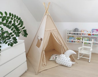 Kinder Tipi, Beige Tipi Zelt, Montessori Zelt, Tipi mit Pompons, Kinderspielhaus, Tipi, Pompon Tipi, Wigwam, cremefarbener Tipi