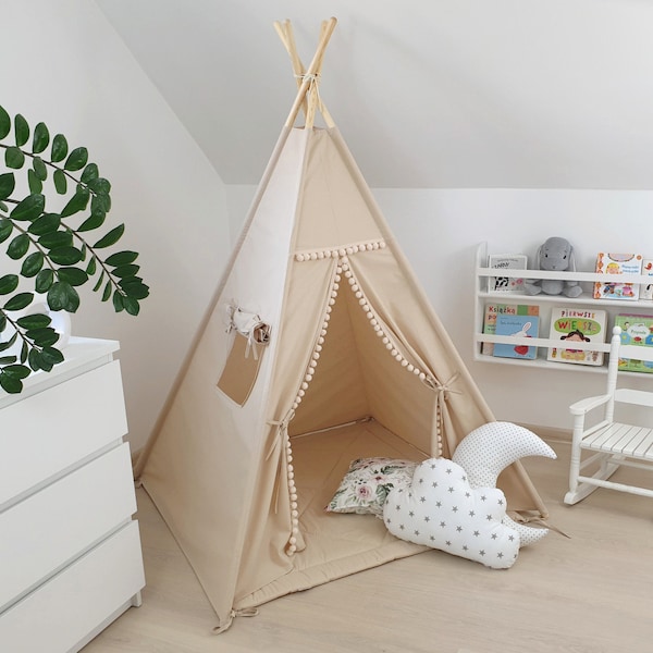 Kinder tipi, beige tipi tent, tipi zelt, montessori tent, tipi met pompons, kinderhuis, tipi, wigwam, crème tipi.