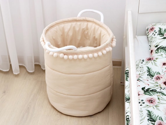 Storage Basket With Pompoms for Nursery, Cute Organizer, Decorative Holder  for Child's Room, Children's Storage, Beige 