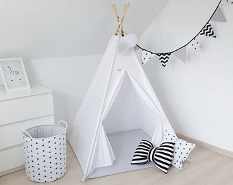 White teepee with floor mat, tipi zelt kinder, Endless holiday fun, teepee tent for kids, gift for kids, kids room decor, toddler tent,