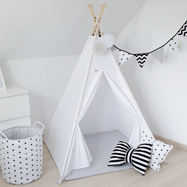 White teepee with floor mat, tipi zelt kinder, Endless holiday fun, teepee tent for kids, gift for kids, kids room decor, toddler tent,