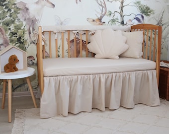 Drap pour lit bébé et jupe de lit de bébé en coton beige, accessoires de lit de bébé, jupe de lit de bébé pour décoration de chambre de bébé, vie boho, literie pour bébé