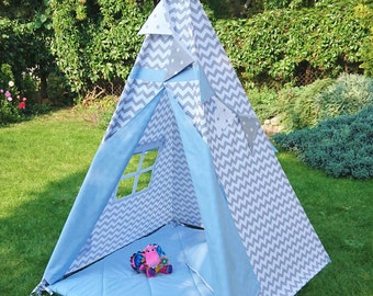 Teepee,  Play tent, Tipi, Kids Teepee, Indian Tent, Play Teepee for kids, Blue Teepee, Childrens Teepee, kids tent, wigwam, Zigzag with blue