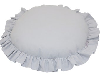 Grey round pillow with frill, Frilled round throw pillow, charming addition to any room, Decorative pillow for livingroom