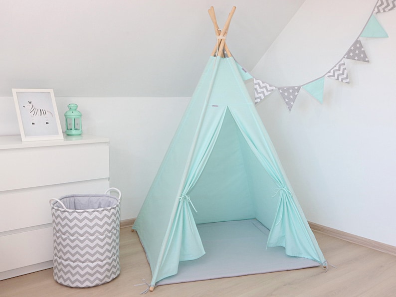 Christmas gift for kids perfect gift under 5 Mint Teepee with floor mat two pillows and cotton basket for toys
