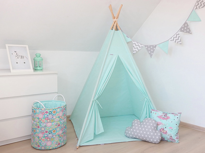 Christmas gift for kids perfect gift under 5 Mint Teepee with floor mat two pillows and cotton basket for toys