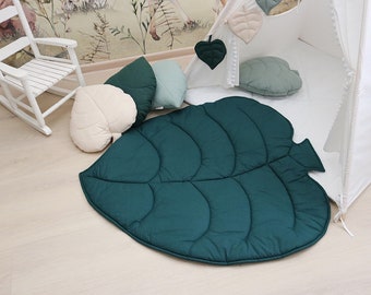 Tapis de sol en feuilles, tapis de jeu décoratif, tapis en feuilles pour chambre d'enfant, tapis de sol matelassé, tapis de jeu pour bébé - Vert foncé