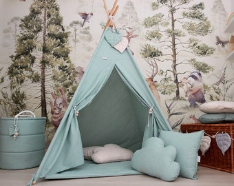 Kids teepee tent, Sage Teepee tent for babies, montessori tent, childrens tent with decorations, Indianerzelt, 100x100cm base tipi