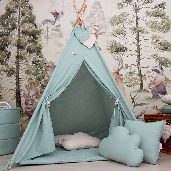 Tente tipi pour enfants, tente tipi sauge pour bébés, tente montessori, tente pour enfants avec décorations, Indianerzelt, tipi de base de 100 x 100 cm