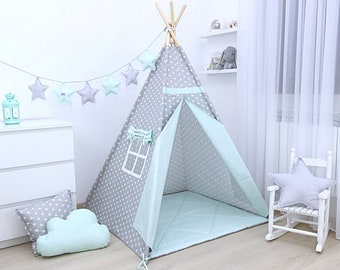 Tee pee pour les enfants, handgemachtes geschenk, Cosy interior, playhouse for kids, Playtent, Tipi zelt, wigwam with mat, Grey and Mint