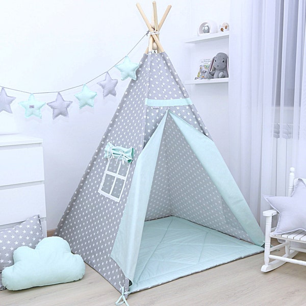 Tee pee for kids, handgemachtes geschenk, Cosy interior, playhouse for kids, Playtent, Tipi zelt, wigwam with mat, Grey and Mint