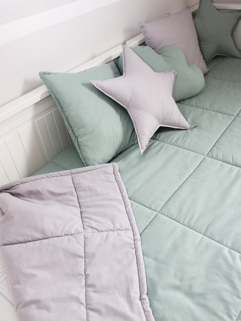 Couvre-lit matelassé sauge, couvre-lit sauge à carreaux matelassés à la main, couvre-lit 100 % coton, couette moderne recto-verso image 2