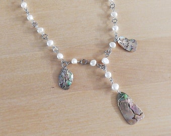 Pearl necklace with NZ abalone / Paua shell Stainless Steel closure - Akaroa series
