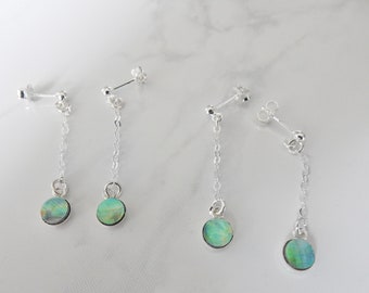 NZ paua shell / abalone 6mm round Sterling silver 925 hanging earrings - Wellington series