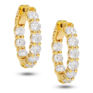 Diamond Hoop Fashion Earrings in 14k Yellow Gold Featuring 7.50 Carats Of Round Natural Diamonds | High End Jewelry | Holiday Jewelry Gift