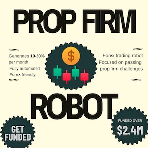 Puede incluir: Gráfico promocional con las palabras "PROP FIRM ROBOT" en negrita negra. La imagen incluye un gráfico de velas verdes y rojas, un signo de dólar y las frases "Genera 10-20% al mes" y "Financiado por más de $2.4M."