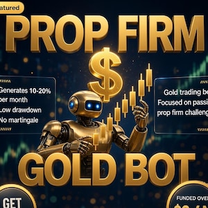May include: A gold-colored robot figure centered between the text PROP FIRM and GOLD BOT. A large dollar sign and rising candlestick chart graphics are present. Text boxes detail performance metrics, including 10-20% monthly gains and funding.