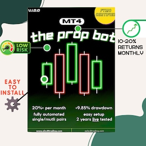 Può includere: Grafica nera e verde con il testo "the prop bot" e "MT4". L'immagine include un grafico a candele, un indicatore di "basso rischio" e informazioni sui rendimenti mensili e sul trading automatizzato. È incluso anche l'indirizzo del sito web.