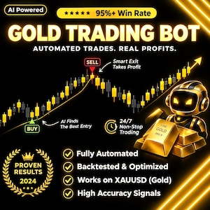 May include: A digital graphic for a Gold Trading Bot featuring a black background with yellow text and accents. It displays a candlestick chart with buy and sell indicators, a small robot character, gold bars, and a list of features including 95%+ Win Rate, Fully Automated, Backtested & Optimized, Works on XAUUSD, and High Accuracy Signals.