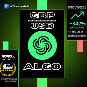 May include: A black and green graphic with the text "GBP USD" and "ALGO" in white. The graphic also includes a green swirl design and the text "PROVEN +342% (since 2024-09) TRACK RECORD". The graphic also includes the text "77+ PROFITABLE TRADERS".