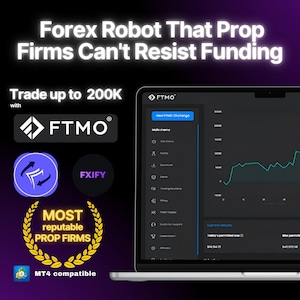 May include: A computer screen displaying a trading platform with a graph showing a positive trend. The text on the screen reads "FTMO" and "How FTMO Challenge". The text "Trade up to 200K" is displayed on the image. The image also includes the text "FXIFY" and "MOST reputable PROP FIRMS".