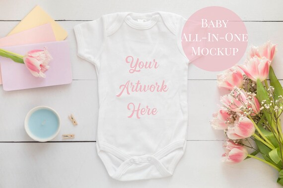 Babygrow Romper Suit Onsie Mockup With Pink Tulips And