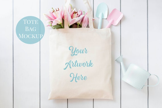 Download Free Tote Bag Mockup With Pink Lilies And Spring Garden ...
