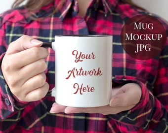 Photo for Mug Mockup, Woman holding mug,autumn plaid shirt