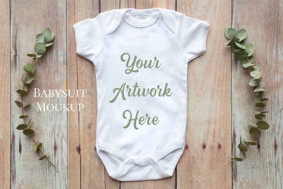 Babygrow Romper Suit Onsie Mockup Wood And Eucalyptus