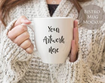 Download Free Photo for Mug Mockup, Bistro Mug - Woman holding mug, winter mug display photo PSD Template