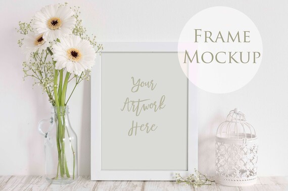 White Frame Mockup With White Gerberas Babys Breath And White Frame Mockup With White Gerberas Babys Breath And