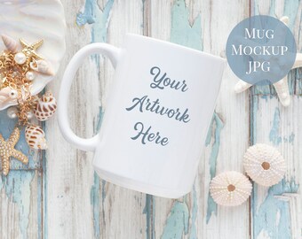 15oz Mug mockup - rustic blue wooden - Real photo mockup